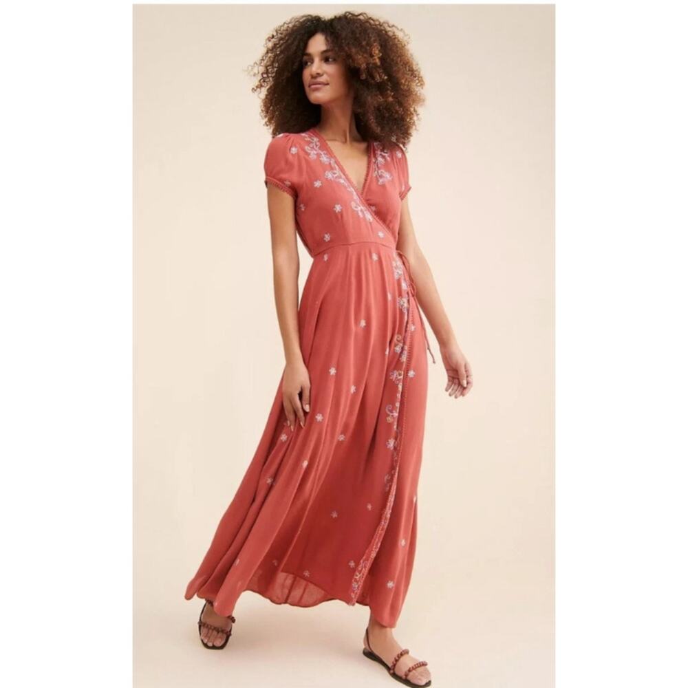 Free People Mia Wrap Boho $168 Floral Embroidered Maxi Dress Small Cotton